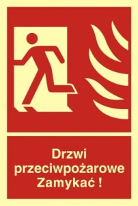 Drzwi przeciwpożarowe. Zamykać! Kierunek drogi ewakuacyjnej w lewo,  świecący, folia; ISO 7010