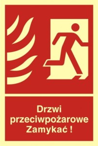 Drzwi przeciwpożarowe. Zamykać! Kierunek drogi ewakuacyjnej w prawo, płyta sztywna, świecący, ISO 7010