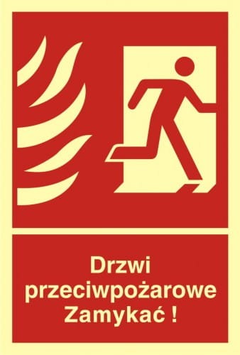 Drzwi przeciwpożarowe. Zamykać! Kierunek drogi ewakuacyjnej w prawo, płyta sztywna, świecący, ISO 7010